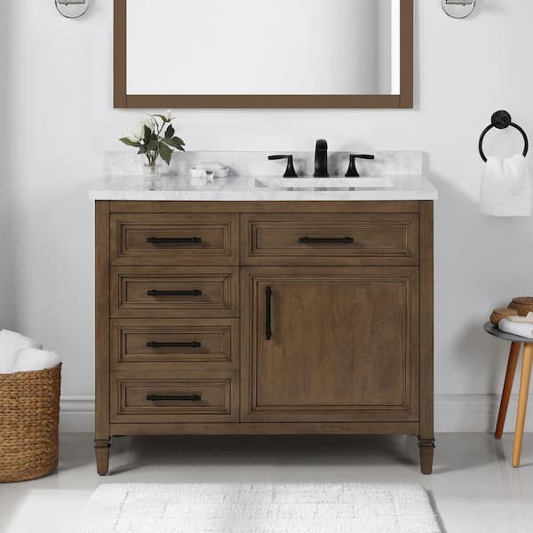 Home Decorators Collection Aiken 42 in. W x 22 in. D x 34 in. H Single Sink Bath Vanity in Almond Latte with White Engineered Marble Top