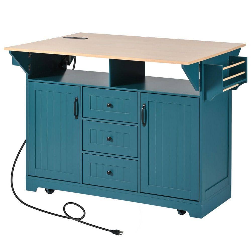 Green Wood 55.7 in. Kitchen Island on 5-Wheels with 2-Drop Leaf, Spice and Towel Rack and 3-Drawers