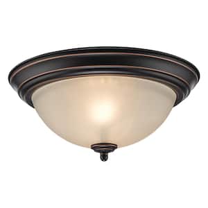 12.75 in 2-Light Oil Rubbed Bronze Transitional Flush Mount with Tea Stained Glass Shade and No Bulbs Included