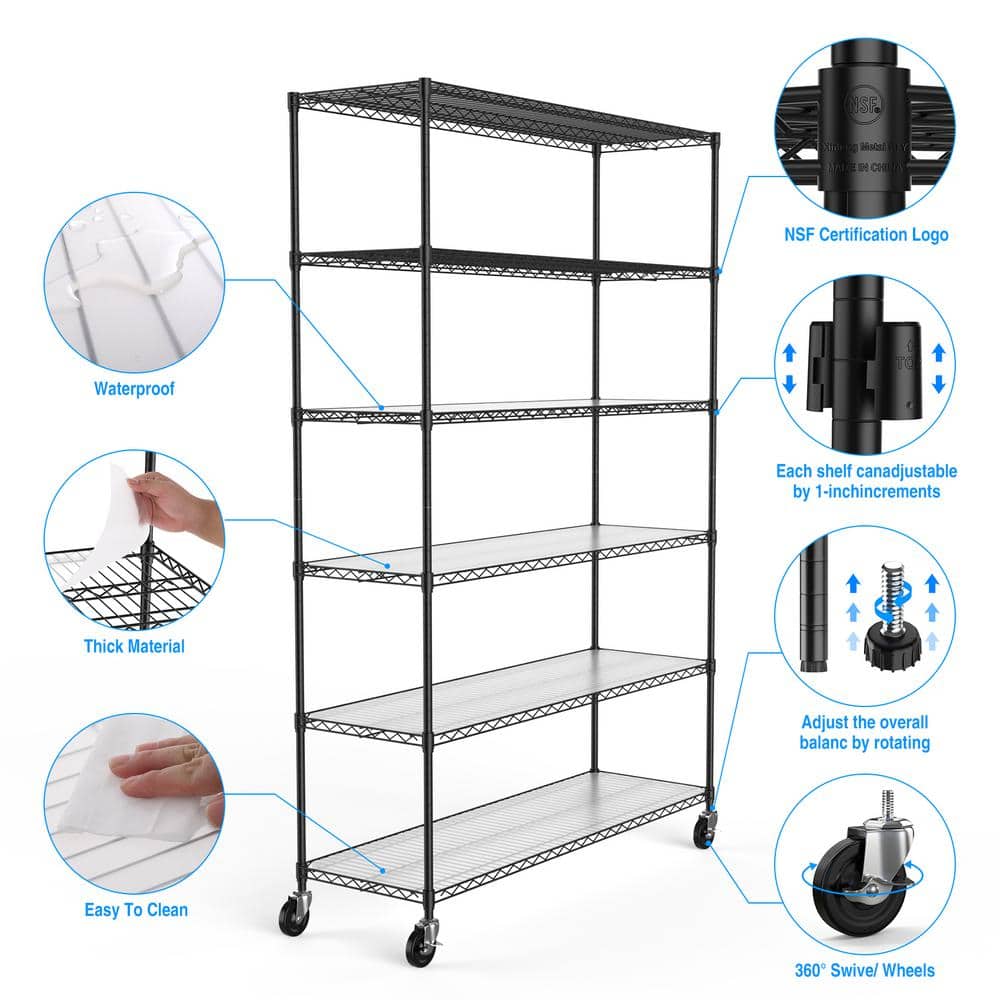 Black Heavy Duty 6-Tier Adjustable Metal Storage Rack with Wheels