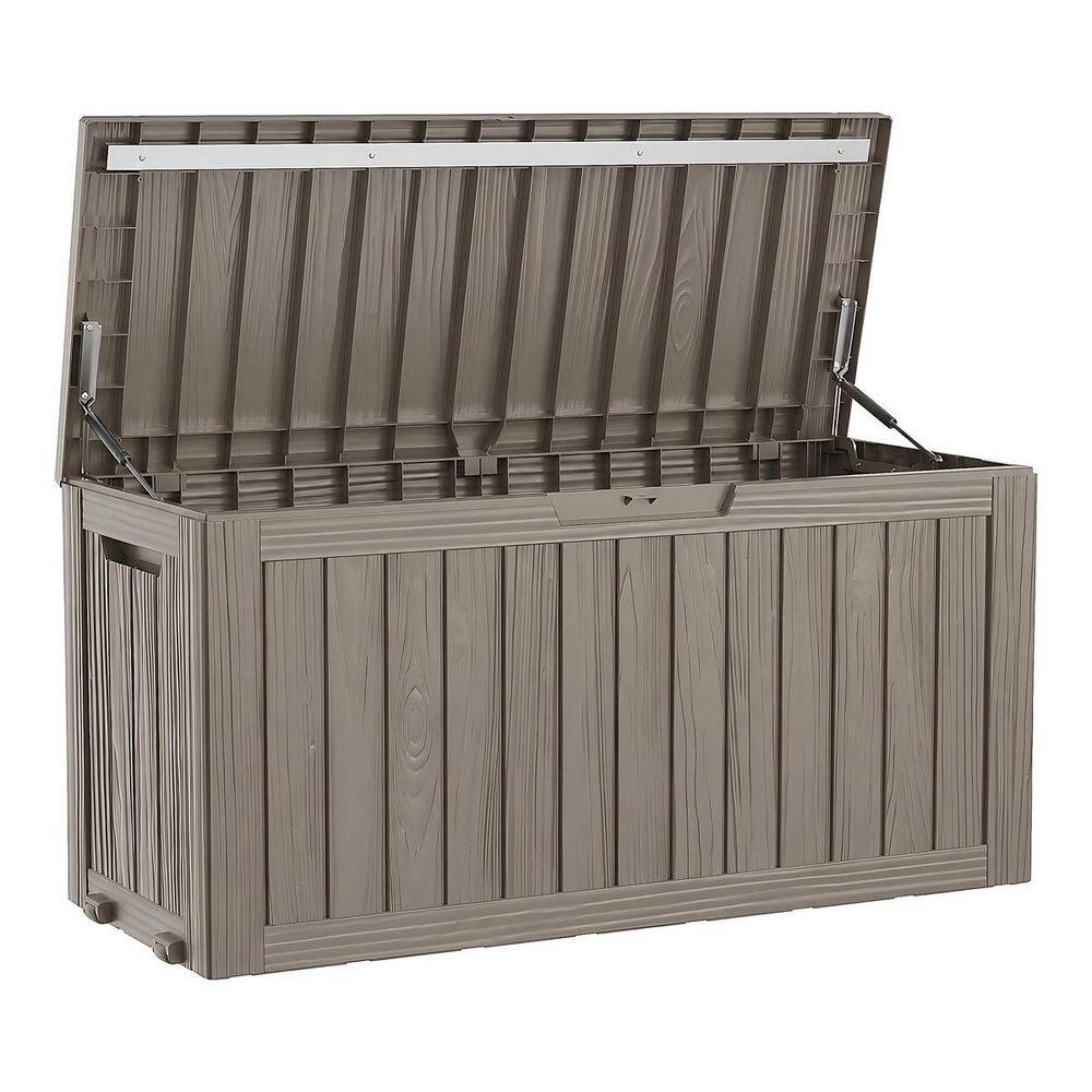 80 Gal. Medium Light Brown Resin Deck Box with Wheels Gas Strut Lockable Lid Patio Storage