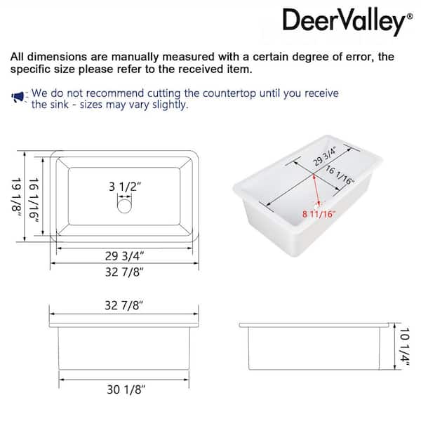 DEERVALLEY 33 in. L x 19 in. W White Fireclay Rectangular Single