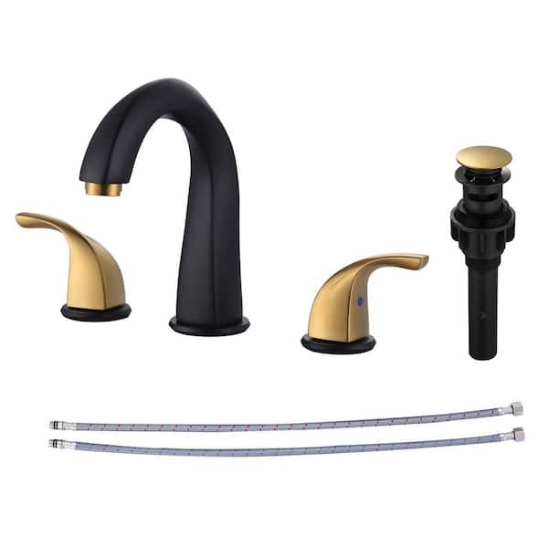 8 in. Widespread Double Handle Bathroom Faucet with Pop-Up Drain Included in Gold and Black