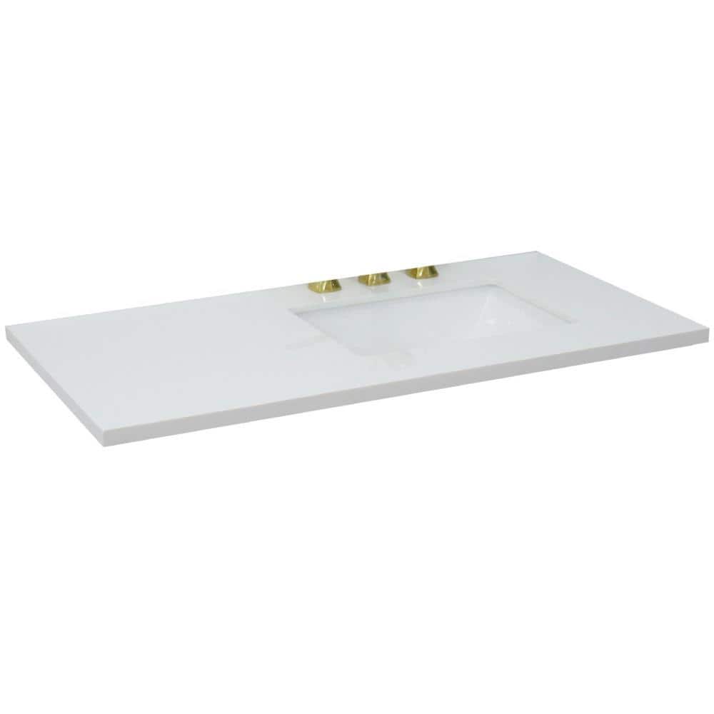 43 in. White Quartz Top with Single White Ceramic Rectangular Sink
