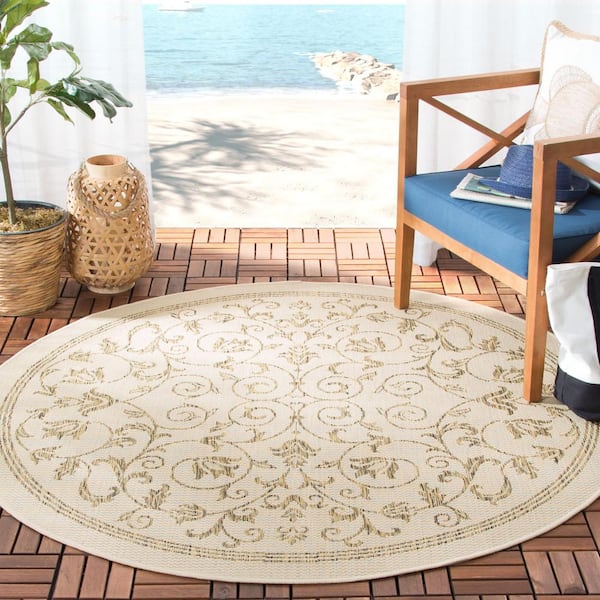 Courtyard Natural/Brown 5 ft. x 5 ft. Round Border Indoor/Outdoor Patio  Area Rug