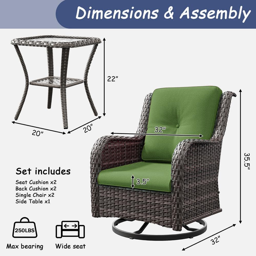 Green Cushioned Wicker Swivel Rocking Chair Set with Table