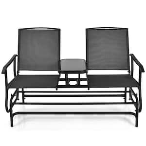 57 in. W 2-Person Metal Outdoor Glider Bench Double Rocker Chair with Center Table, Black