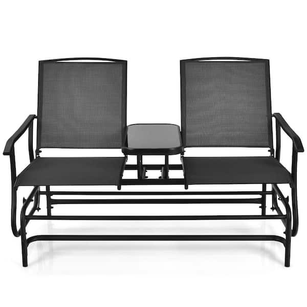 ANGELES HOME 57 in. W 2-Person Metal Outdoor Glider Bench Double Rocker Chair with Center Table, Black