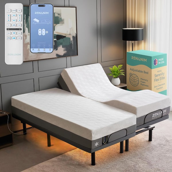 Gray Split-King Adjustable Bed Frame Plus Firm Cooling Gel Memory Foam Mattress-Massage USB Under Bed Light APP, Remote