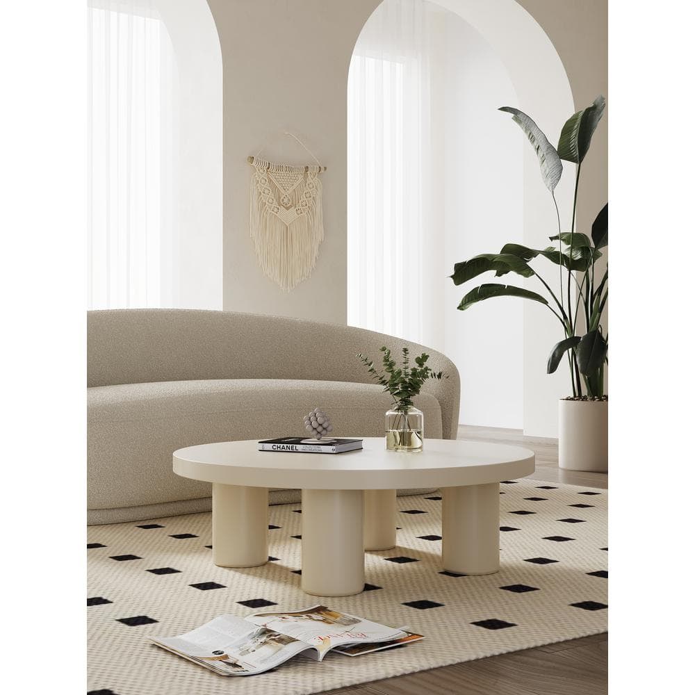 39.4 in. Modern Creamy White Medium Round Shaped Composite Top Coffee Table