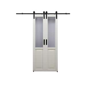 36 in. x 84 in. Center Opening White Vinyl Barn Door Kit with Frosted Panels Track and Hardware