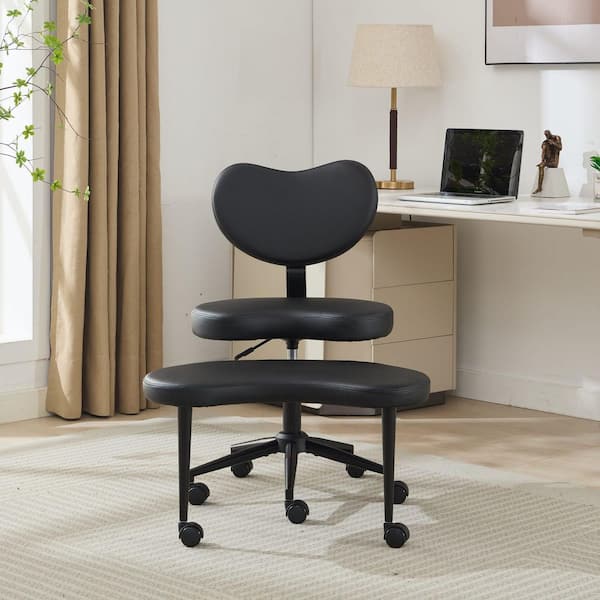 Faux Leather Adjustable Height Swivel Ergonomic Task Chair in Black with Wheels and Footrest