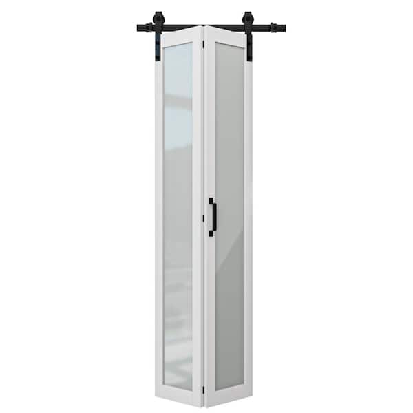 36 in. x 84 in. 1-Lite Tempered Frosted Glass White Finished Composite MDF Bi-Fold Sliding Barn Door with Hardware Kit
