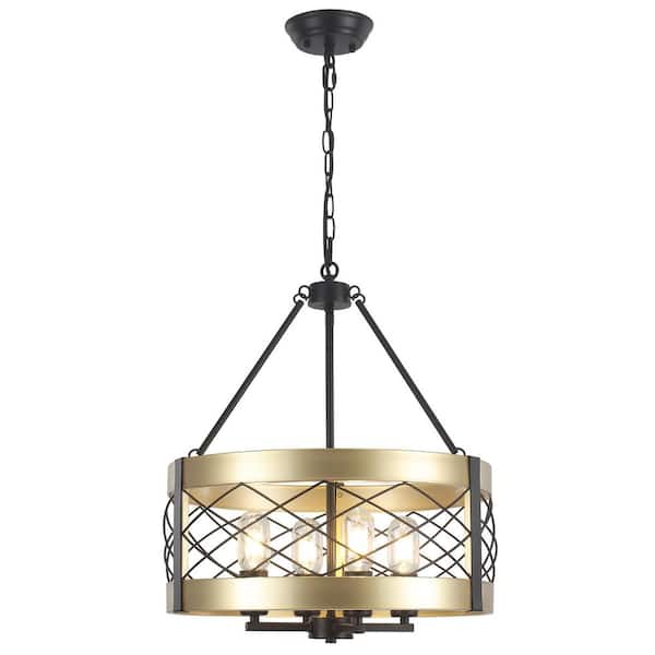 17.72 in. 5-Light Matte Black/Golden Pendant Drum Design Chandelier with Metal Shade and No Bulbs Included For Foyer