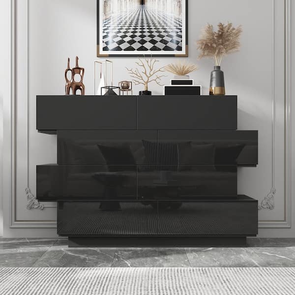 FUFU&GAGA 50.6 in. W High Gloss Black Wood 8-Drawer Double Dresser Modern Style, 16.2 in. D x 39.2 in. H