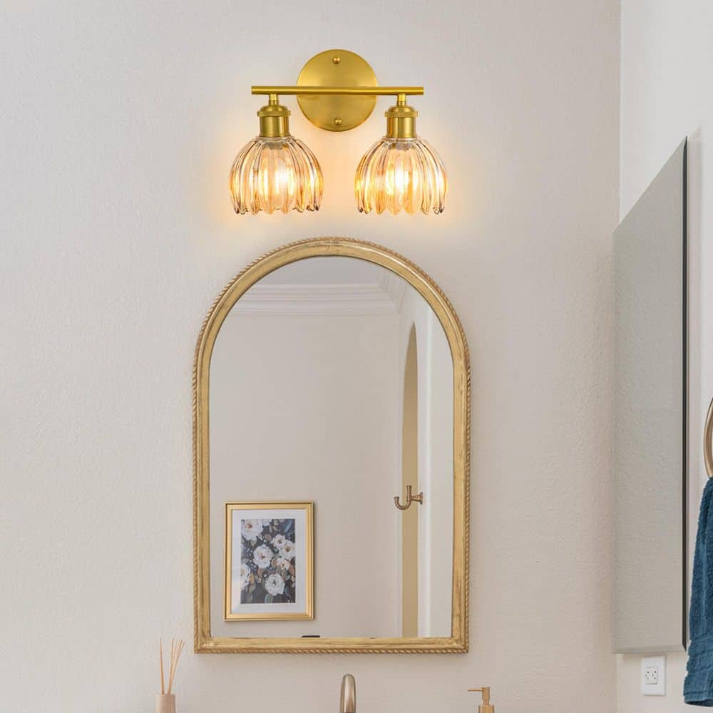 12.2 in. 2-Light Brass Vanity Light Bathroom Light Fixtures Wall Light Over Mirror with Amber Tulip Glass Shade price history on PriceWatchPro