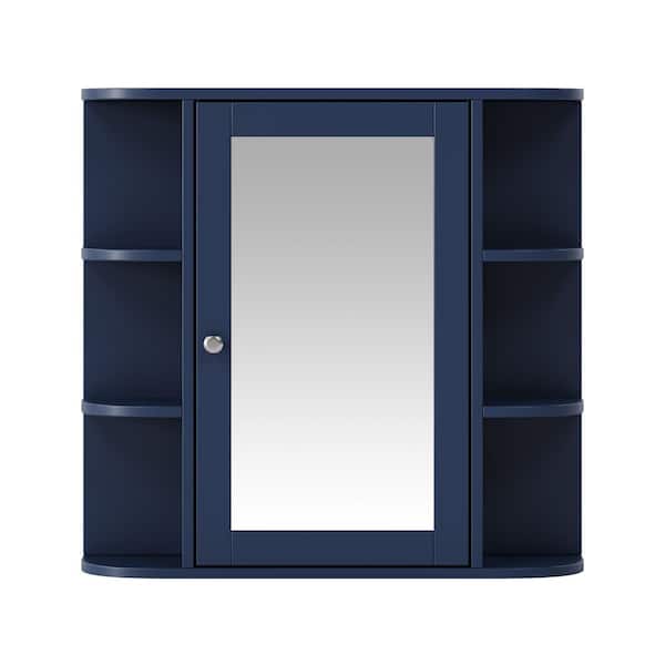 26 in. W x 24.75 in. H Rectangular Blue Surface Mount Medicine Cabinet with Mirror, Adjustable Wood Shelf & Doors