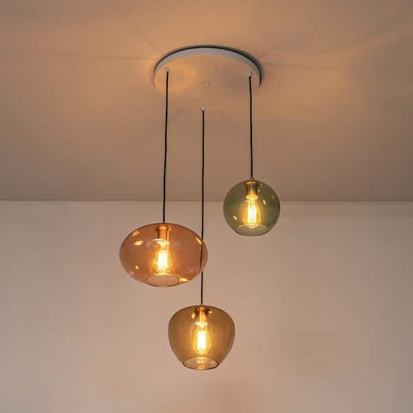 Theodora 3-Light Modern Vintage Cluster White Pendant Light with Colored Glass Globe Shades