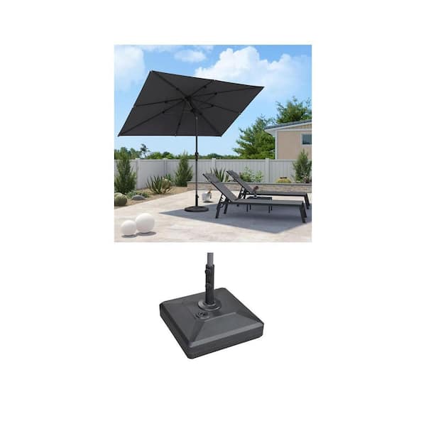 6.  5 ft. x 10 ft. Light Gray Aluminum Crank and Tilt Umbrella with 154 lbs. Black Umbrella Base