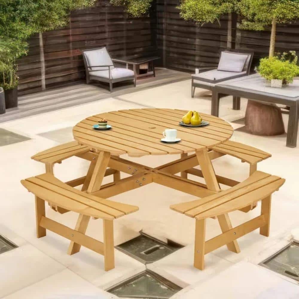 63 in. Light Brown Wood Round Wood Picnic Table Seats 8-People w/ Umbrella 