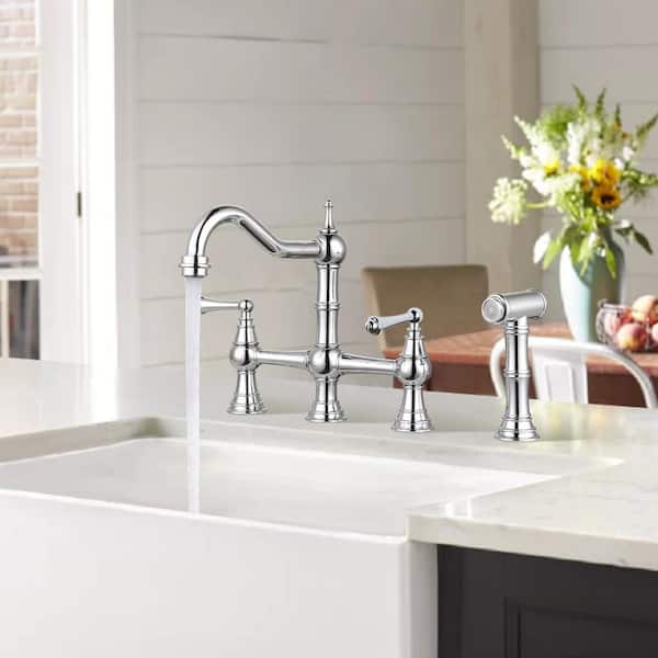Classic Double Handle Bridge Kitchen Faucet with Side Sprayer in Polished Chrome