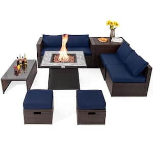 35 in. 9-Piece Wicker Patio Fire Pit Set Space-Saving Sectional Sofa Set with Storage Box and Navy Cushions