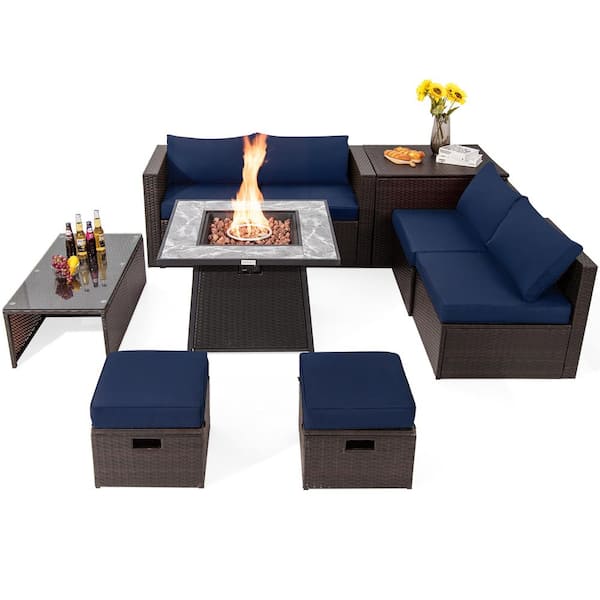 HONEY JOY 35 in. 9-Piece Wicker Patio Fire Pit Set Space-Saving Sectional Sofa Set with Storage Box and Navy Cushions