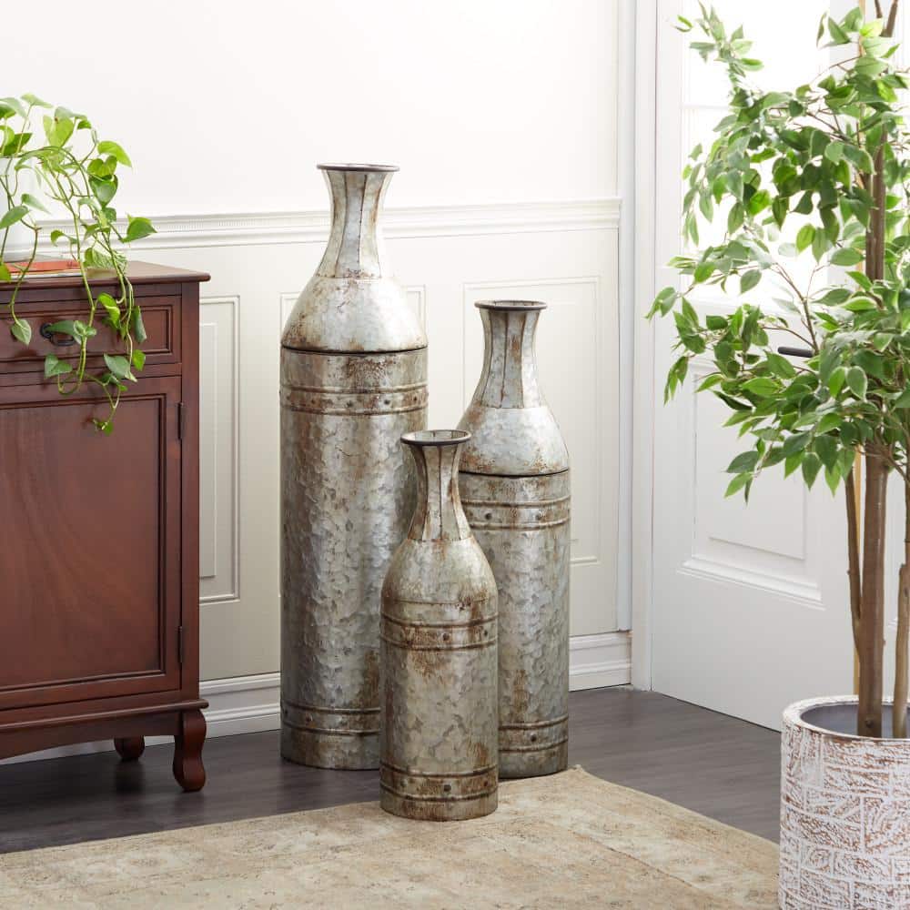 Galvanized Metal Cylinder Floor Vases, Set of 3, Farmhouse Decor