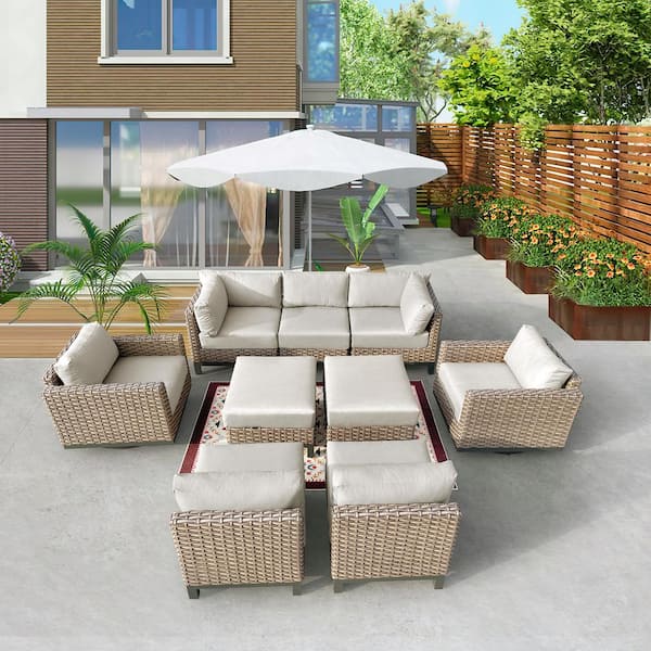 HiGreen Outdoor Delta 9-Piece Resin Wicker Aluminum Outdoor Sectional Set with Swivel Lounge Chairs and Acrylic Cast Ash Cushions