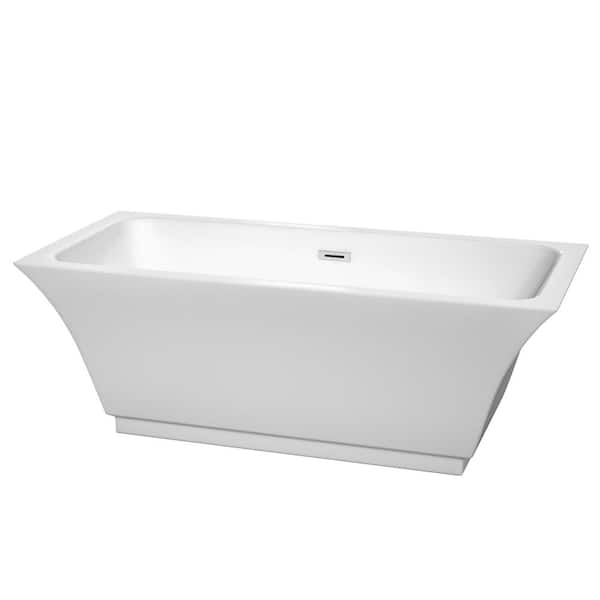 Wyndham Collection Galina 67 in. Acrylic Flatbottom Center Drain Soaking Tub in White with Polished Chrome Trim