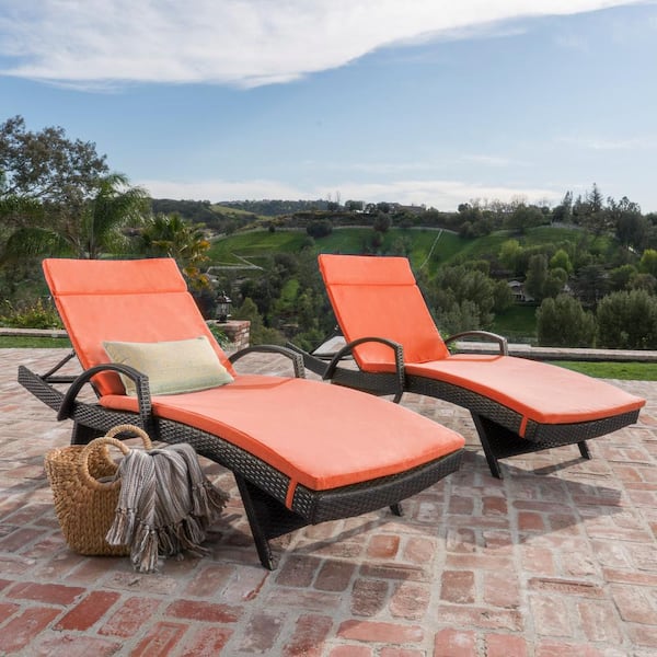 Noble House Miller Multi-Brown 2-Piece Faux Rattan Outdoor Chaise Lounge Set with Orange Cushions and Armrest