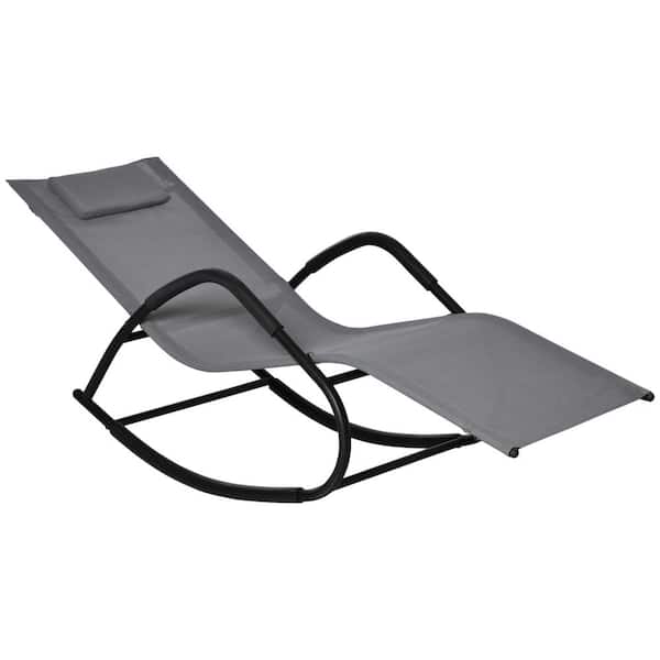FORCLOVER Black Metal Outdoor Rocking Chair with Removeable Pillow and Leg Rest(in Gray Fabric)
