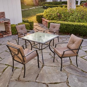 Palm Bay 5-Piece Steel Outdoor Dining Set with Copper Brown Cushions, 4 Chairs and 38 in. Square Glass Top Table
