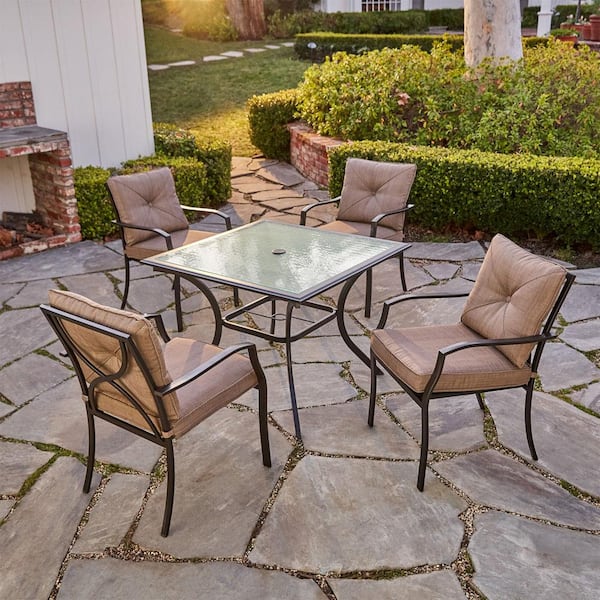 Hanover Palm Bay 5-Piece Steel Outdoor Dining Set with Copper Brown Cushions, 4 Chairs and 38 in. Square Glass Top Table