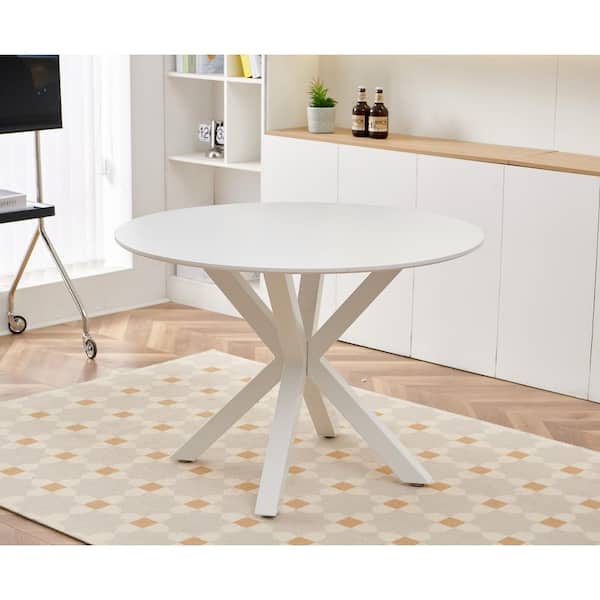Zeus & Ruta 42 in. x 42 in. x 29 in. White Round Dining Table For 4-6 People With Cross Leg, MDF Tabletop for Dining Room