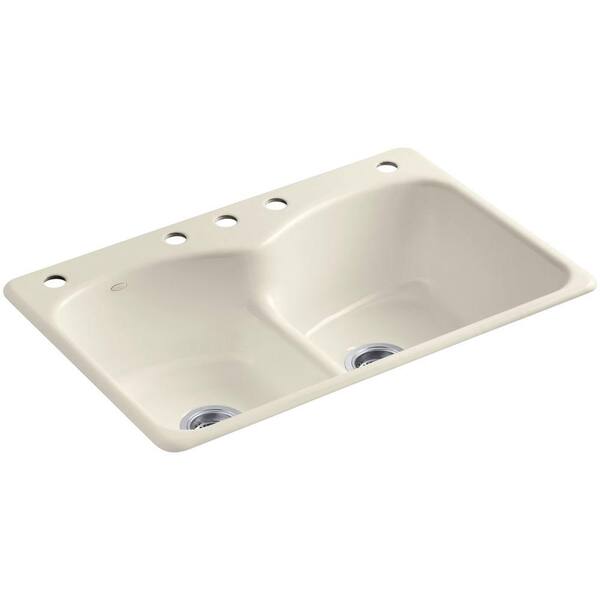 KOHLER Langlade Smart Divide Drop-In Cast-Iron 33 in. 5-Hole Double Basin Kitchen Sink in Almond