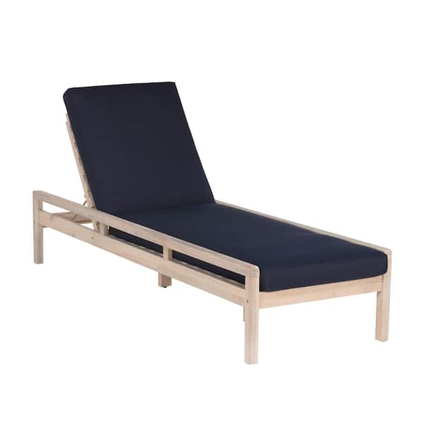 Linon Home Decor Tryton Natural Brown Wood Outdoor Chaise Lounge with Olefin Midnight Navy Blue Cushion