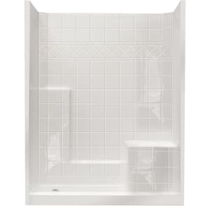 Basic 60 in. x 33 in. x 77 in. Low Threshold 3-Piece Shower Kit in White with Right Seat and Left Drain