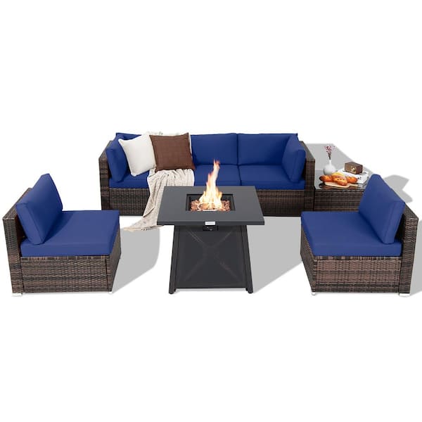 Costway 7-Piece Wicker Patio Conversation Set with Navy Cushion & Fire Pit Table & Cover
