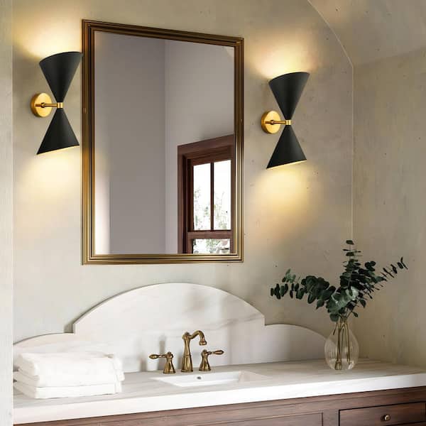 RRTYO Joey 5.7 in. W 2-Light Modern Black Horn Hourglass Bathroom Vanity Light Double Cone Adjustable Wall Light (Set of 2)
