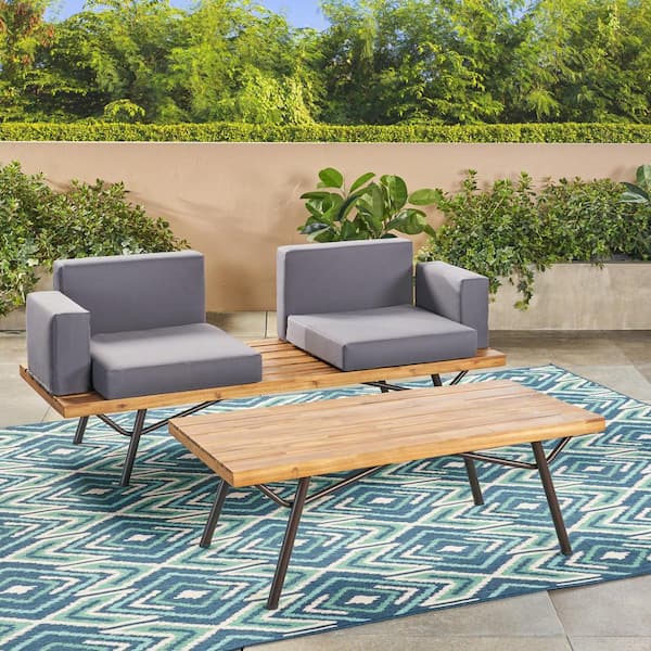 Noble House Canoga Teak Brown 2-Piece Wood Patio Conversation Set with Dark Gray Cushions