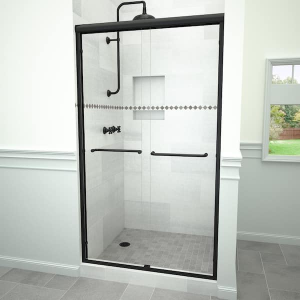 Tile Redi 6000 Series 48 in. W x 72 in. H Sliding Semi-Frameless Shower Doors in Matte Black with Towel Bar and Clear Glass