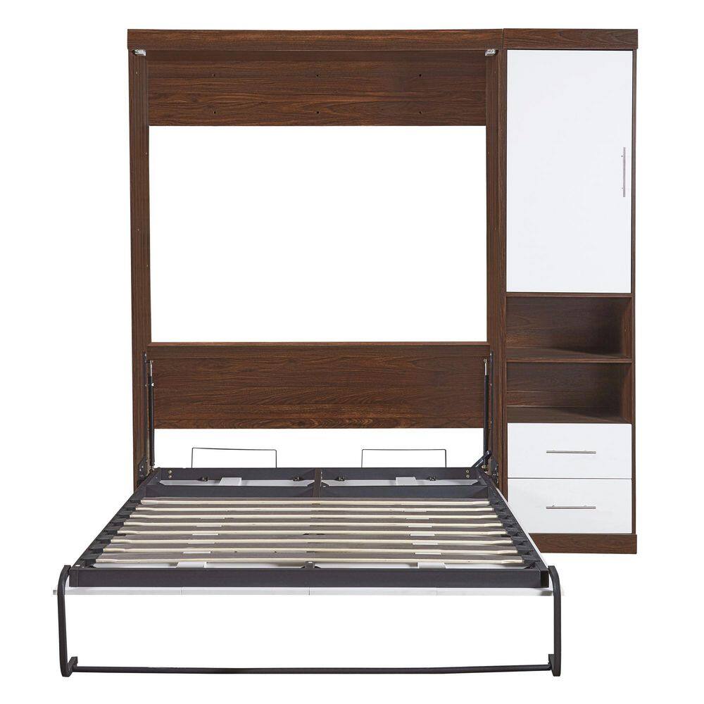 White and Brown Wood Frame Full Size Murphy Bed, Wall Bed with Cabinet - thumbnail 6
