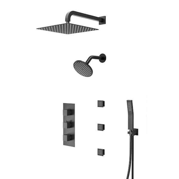 Crozet Thermostatic 8-Spray 3-Handle Wall Mount Dual Shower Head with Body Jet Shower Faucet 2. 5 GPM in Matte Black