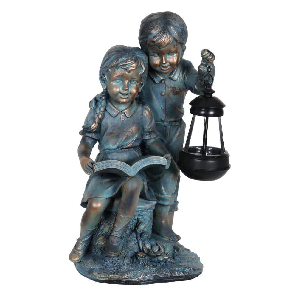 Solar Faux Bronze Girl and Boy Garden Statue with LED Lantern