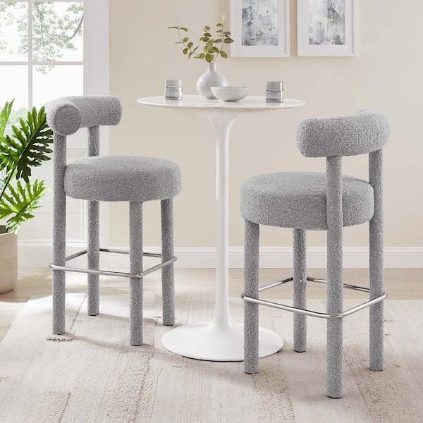Toulouse 30 in. in Light Gray Silver Wood Boucle Fabric Bar Stool - Set of 2