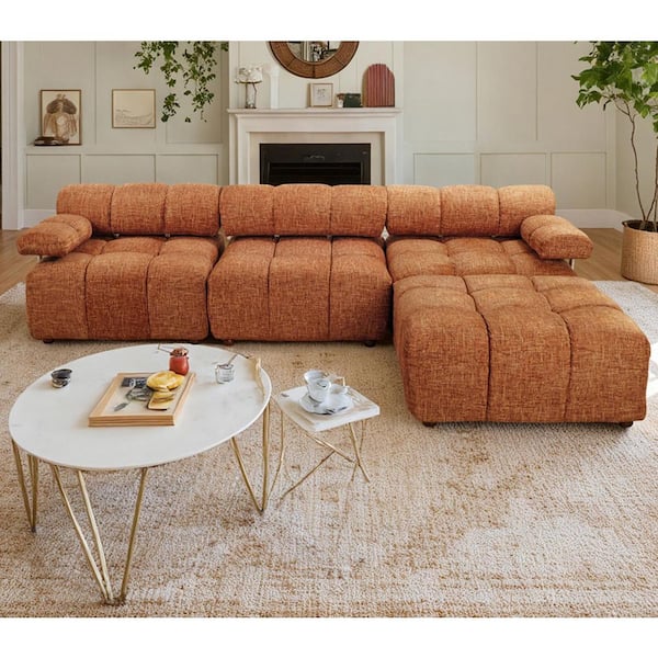 Stylofa 100.8 in. Width Straight Arm 4-Piece Fabric Sectional Sofa in Caramel