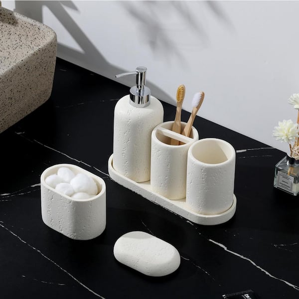 Anqtovp 5 Piece Resin Modern Sink Accessory Set with Soap