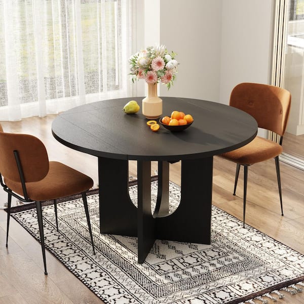 Modern Black Wood 33.4-47.2 in. Double Pedestal Dining Table with Transforming Top, Round to Square, Seats 4 for Kitchen