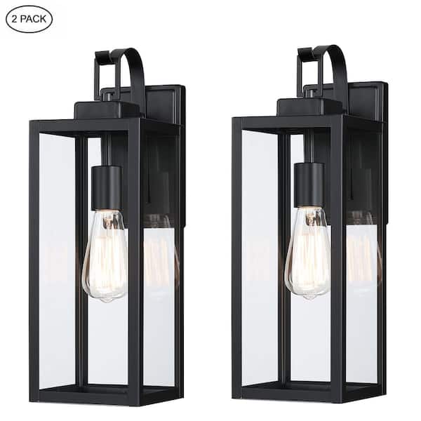 Foothill 18 in. 1-Light Matte Black Outdoor Hardwired Wall Lantern Sconce with Clear Glass (2-Pack)